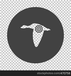 Flying duck silhouette with target icon. Subtract stencil design on tranparency grid. Vector illustration.