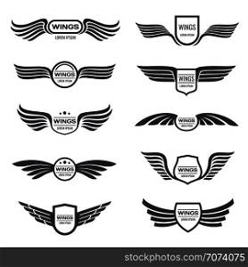 Flying eagle wings vector logos set. Vintage winged emblems and labels. Illustration eagle vintage wings emblem. Flying eagle wings vector logos set. Vintage winged emblems and labels