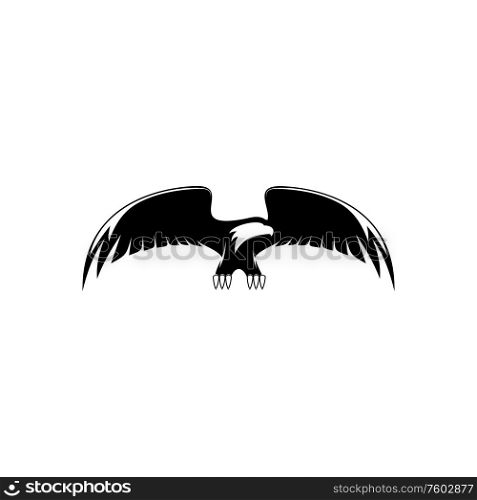 Flying eagle with wide stretched wings isolated heraldry symbol. Vector black falcon, monochrome bird. Eagle in flight isolated falconry symbol