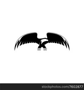 Flying eagle with wide stretched wings isolated heraldry symbol. Vector black falcon, monochrome bird. Eagle in flight isolated falconry symbol