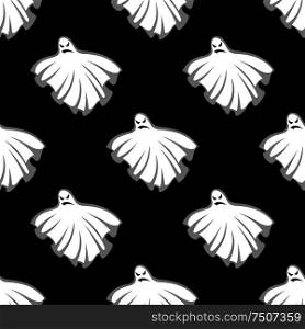 Flying eerie Halloween ghosts seamless pattern on black background, for holiday design. Flying Halloween ghosts seamless pattern