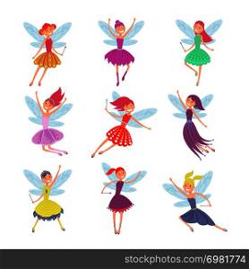 Flying fairy girls with angle wings vector characters set. Girl with wings cartoon illustration. Flying fairy girls with angle wings vector characters set