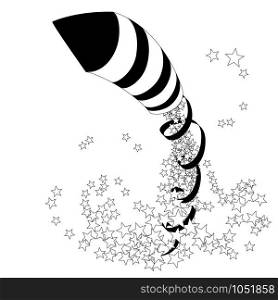 Flying firework rocket with a ribbon and stars. Vector illustration. Flying firework rocket with a ribbon and stars