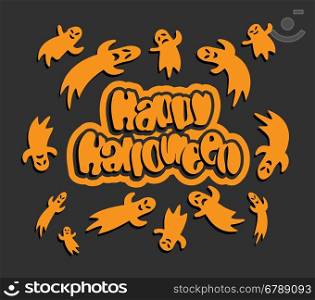 flying ghosts around happy Halloween text vector illustration