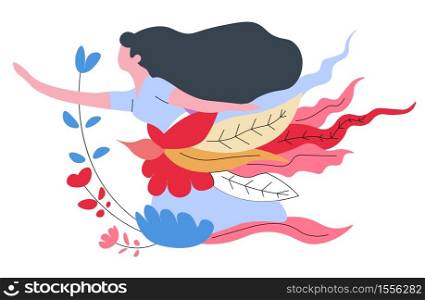 Flying girl plants and leaves woman and nature isolated abstract icon vector femininity female character, with long brunette hair and organic greenery harmony and love care human and environment.. Woman and nature isolated abstract icon flying girl plants and leaves