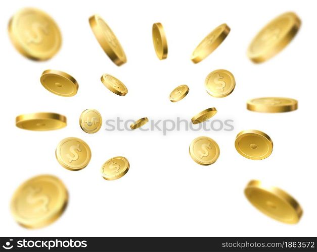Flying gold coins explosion. Realistic 3d money, dollars cash back, game bingo prize, jackpot or lotto casino win, wealth success symbol, isolated on white background elements, vector profit concept. Flying gold coins explosion. Realistic 3d money, dollars cash back, game prize, jackpot or lotto casino win, wealth success symbol, isolated on white background elements, vector concept