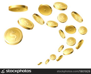 Flying golden coins. Realistic gold money, flow dollar cents, winning casino jackpot, cash yellow money, business profit, investment income, isolated on white background elements, vector 3d concept. Flying golden coins. Realistic gold money, flow dollar cents, winning casino jackpot, cash yellow money, business profit, investment income, isolated on white background vector 3d concept
