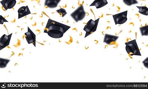 Flying graduation caps with confetti. School, college or university achievement celebration frame with students hats, education template realistic vector 3D illustration. Academic award ceremony. Flying graduation caps with confetti. School, college or university achievement celebration frame with students hats, education template realistic vector 3D illustration
