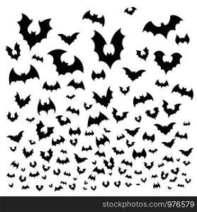 Flying halloween bat. Cave bats flock silhouette fly at sky. Scary dark vampire flittermouse, gothic spooky evil horror for october holiday decoration vector background illustration. Flying halloween bat. Cave bats flock silhouette fly at sky. Scary vampire flittermouse vector background illustration