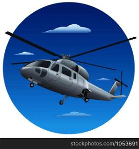 flying helicopter with chassis in the blue sky. flying helicopter