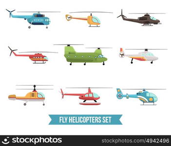 Flying Helicopters Set. Flat set of different flying colorful helicopters isolated on white background vector illustration