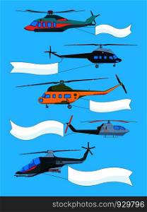 Flying helicopters with banners. Advertizing banners on avia transport. Advertisement message poster attached to helicopter. Vector illustration. Flying helicopters with banners. Advertizing banners on avia transport