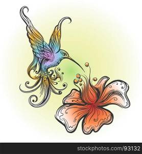 Flying Hummingbird sipping nectar from flower drawn in tattoo style. Vector illustration