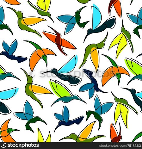 Flying hummingbirds seamless pattern with colorful silhouettes of tropical birds randomly scattered over white background. Tropical nature theme or interior design. Flying hummingbird birds seamless pattern