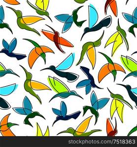 Flying hummingbirds seamless pattern with colorful silhouettes of tropical birds randomly scattered over white background. Tropical nature theme or interior design. Flying hummingbird birds seamless pattern