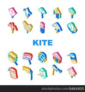 Flying Kite Children Funny Toy Icons Set Vector. Flying Kite In Airplane And Rocket Shape, Jellyfish And Fish Form, Stingray And Butterfly. Outdoor Game Enjoying Isometric Sign Color Illustrations. Flying Kite Children Funny Toy Icons Set Vector