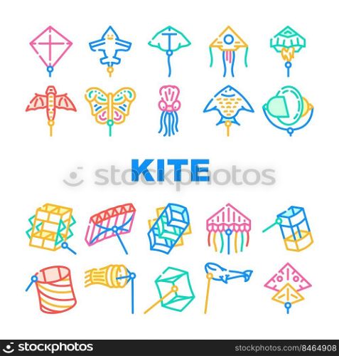 Flying Kite Children Funny Toy Icons Set Vector. Flying Kite In Airplane And Rocket Shape, Jellyfish And Fish Form, Stingray And Butterfly. Outdoor Game Enjoying Color Illustrations. Flying Kite Children Funny Toy Icons Set Vector