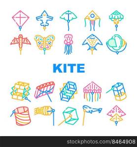 Flying Kite Children Funny Toy Icons Set Vector. Flying Kite In Airplane And Rocket Shape, Jellyfish And Fish Form, Stingray And Butterfly. Outdoor Game Enjoying Color Illustrations. Flying Kite Children Funny Toy Icons Set Vector