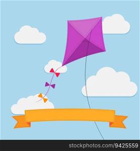 Flying kite in the sky between clouds with space for text . Purple paper kite with white clouds in blue sky. Wind concept. Childhood symbol. Modern style. Vector illustration