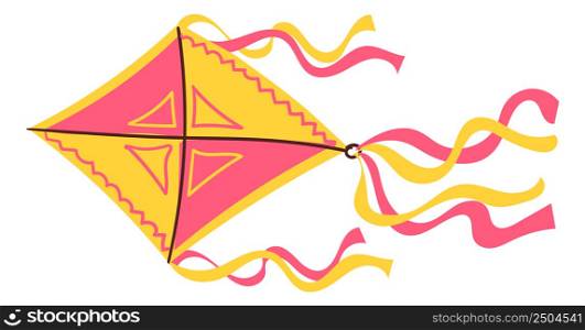 Flying kite. Paper toy with ribbon tails waving in wind. Colorful air snake. Makar Sankranti celebration. Outdoor leisure entertainment. Kids game. Summer festival. Child play. Vector isolated object. Flying kite. Paper toy with ribbon tails waving in wind. Air snake. Makar Sankranti celebration. Outdoor entertainment. Kids game. Summer festival. Child play. Vector isolated object