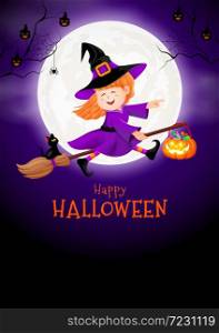 Flying little witch in moon nigh. Girl in Halloween costume. Halloween cartoon character design. Happy halloween concept. Illustration for banner, poster, greeting card, digital design.
