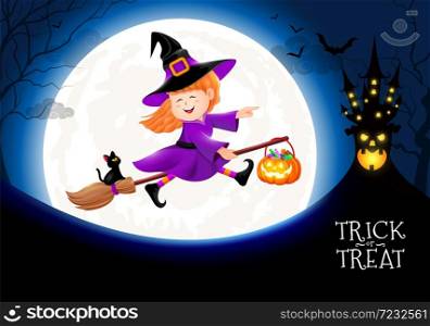 Flying little witch in moon nigh. Girl in Halloween costume. Halloween cartoon character design. Illustration.