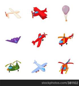 Flying machine icons set. Cartoon illustration of 9 flying machine vector icons for web. Flying machine icons set, cartoon style