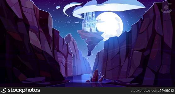 Flying magic castle at night bottom up view, fairy palace float in dark sky on piece of rock above mountain gorge. Fantasy fortress at full moon midnight scenery landscape Cartoon vector illustration. Flying magic castle at night sky bottom up view