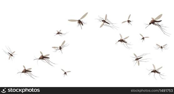 Flying mosquito insects. Gnat and pest, spreading viruses and diseases, gnats flock, repellent or spray promo poster vector concept. Malaria mosquito buzzing, infectious parasitic spreading. Flying mosquito insects. Gnat and pest, spreading viruses and diseases, gnats flock, repellent or spray promo poster vector concept