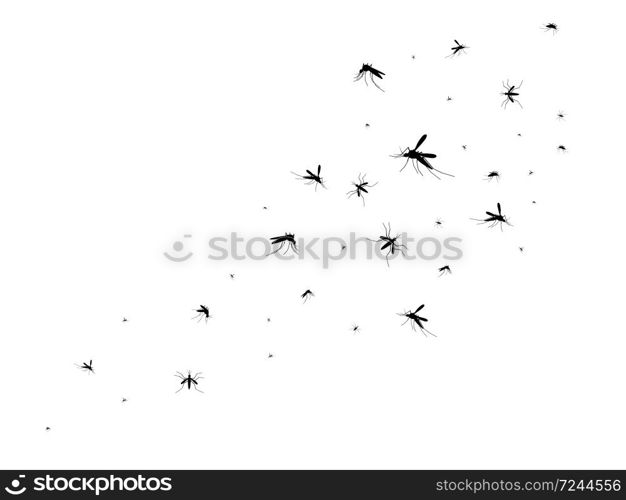 Flying mosquitoes. Black silhouette mosquito, swarm flying insects spreading disease dangerous infection and viruses, blood-sucker gnat pest vector image isolated on white background. Flying mosquitoes. Black silhouette mosquito, swarm flying insects spreading disease dangerous infection and viruses, gnat pest vector image