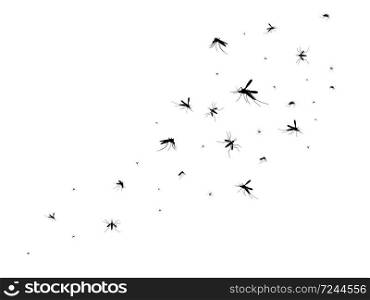 Flying mosquitoes. Black silhouette mosquito, swarm flying insects spreading disease dangerous infection and viruses, blood-sucker gnat pest vector image isolated on white background. Flying mosquitoes. Black silhouette mosquito, swarm flying insects spreading disease dangerous infection and viruses, gnat pest vector image