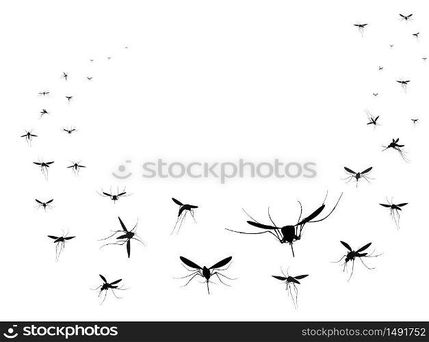 Flying mosquitoes silhouettes group. Flying insects swarm spreading diseases dangerous infection and viruses, black wave vector gnats. Mosquito insect silhouette isolated, gnat malaria illustration. Flying mosquitoes silhouettes group. Flying insects swarm spreading diseases dangerous infection and viruses, black wave vector gnats