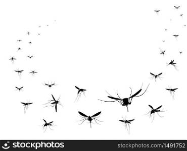 Flying mosquitoes silhouettes group. Flying insects swarm spreading diseases dangerous infection and viruses, black wave vector gnats. Mosquito insect silhouette isolated, gnat malaria illustration. Flying mosquitoes silhouettes group. Flying insects swarm spreading diseases dangerous infection and viruses, black wave vector gnats