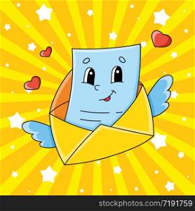 Flying open envelope with wings and a letter. Cute cartoon character. Colorful vector illustration. Isolated on color background. Template for your design.