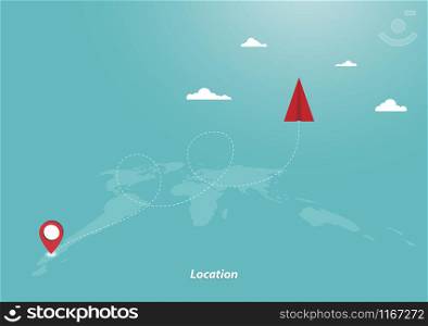 Flying origami paper plane and geolocation. Dash line tracking, Business tourist service, Holidays and vacations, Online tracking, Sky with clouds background, Vector illustration flat
