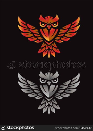 Flying Owl with Open Wings Mascot a symbol of wisdom isolated on black background