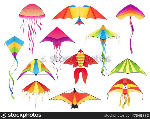 Flying paper kites, vector icons. Kitesurfing festival different shapes