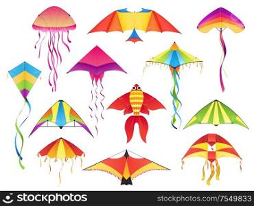 Flying paper kites, vector icons. Kitesurfing festival different shapes of paper kites, bird wings, fish and jellyfish with color threads, Indian Makar Sankranti holiday symbols. Flying paper kites, kitesurfing hobby icons