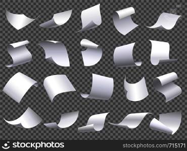 Flying paper pages. Falling papers documents sheets, document with curved corner and fly page sheet. Office file sheets pages. 3D realistic paperwork isolated vector objects set. Flying paper pages. Falling papers documents sheets, document with curved corner and fly page sheet isolated vector objects set