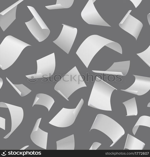 Flying paper pattern. Seamless texture of chaotic falling document pages. Realistic blank note sheet templates with curled edges. Blown away white letters. Office stationery. Vector background mockup. Flying paper pattern. Seamless texture of falling document pages. Realistic blank note sheets with curled edges. Blown away white letters. Office stationery. Vector background mockup
