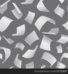 Flying paper pattern. Seamless texture of chaotic falling document pages. Realistic blank note sheet templates with curled edges. Blown away white letters. Office stationery. Vector background mockup. Flying paper pattern. Seamless texture of falling document pages. Realistic blank note sheets with curled edges. Blown away white letters. Office stationery. Vector background mockup
