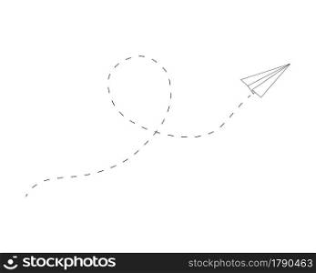 Flying paper plane with path dashed line. Origami airplane linear icon. Delivery, communication, travel sign. Vector illustration.. Flying paper plane with path dashed line. Origami airplane linear icon. Delivery, communication, travel sign. Vector illustration