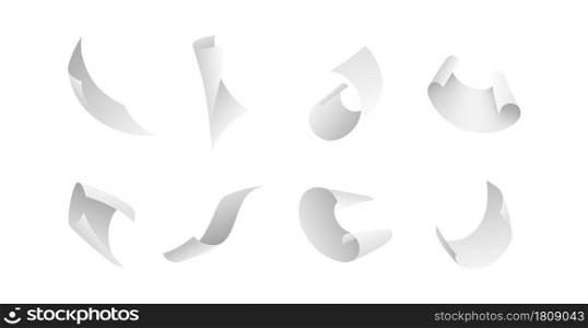 Flying papers. Blank white 3D paper sheet falling down. Curved corners pages flight different angles view with shadows. Scattered empty sheets. Office document in air. Vector realistic isolated set. Flying papers. Blank white 3D paper sheet falling down. Curved corners pages flight different angles view with shadows. Scattered empty sheets. Office documents vector realistic isolated set