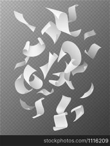 Flying papers group. Chaotic falling and flying empty white paper sheets, scattered notes with curved pages corners realistic vector 3d document mockup. Flying papers group. Chaotic falling and flying empty white paper sheets, scattered notes with curved pages corners realistic vector mockup