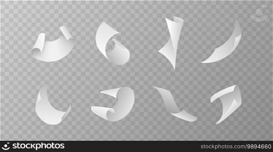 Flying papers set. Blank white paper sheet falling down different angles, scattered notes with curved pages corners, realistic clean empty office documents in air mockup, 3d vector isolated template. Flying papers set. Blank white paper sheet falling down, scattered notes with curved pages corners, realistic clean empty office documents in air mockup, 3d vector isolated template