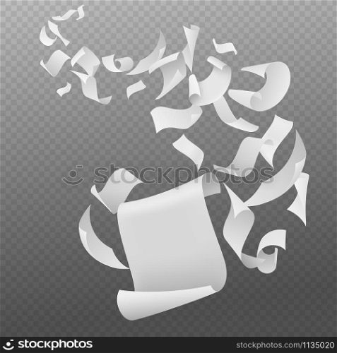 Flying papers. White blank sheets paper with bent corners, chaotic falling and flying empty scattered pages, realistic vector fall document concept. Flying papers. White blank sheets paper with bent corners, chaotic falling and flying empty scattered pages, realistic vector concept