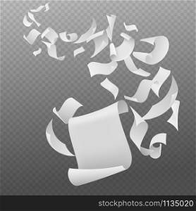 Flying papers. White blank sheets paper with bent corners, chaotic falling and flying empty scattered pages, realistic vector fall document concept. Flying papers. White blank sheets paper with bent corners, chaotic falling and flying empty scattered pages, realistic vector concept