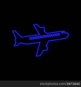 Flying passenger airplane, airliner neon sign. Bright glowing symbol on a black background. Neon style icon.