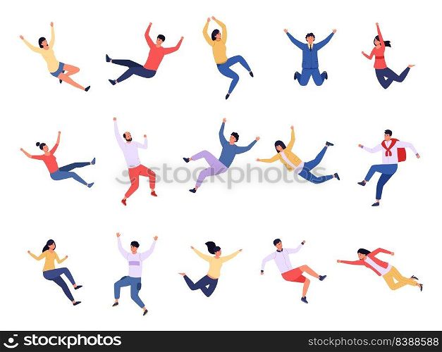 Flying people. Floating and falling characters, dream and imagination concept with various young persons. Vector group of teenagers flying together. Man and woman having positive emotions. Flying people. Floating and falling characters, dream and imagination concept with various young persons. Vector group of teenagers flying together