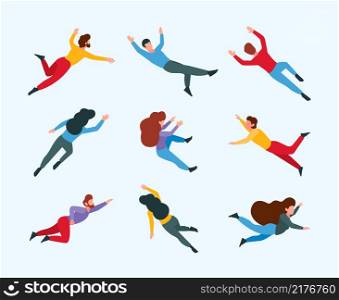 Flying persons. Moving and dreaming people in action poses sleeping and imagination space gravity freedom vector cartoon stylized character. Illustration floating and flying gravity, young moving pose. Flying persons. Moving and dreaming people in action poses sleeping and imagination space gravity freedom concept garish vector cartoon stylized characters
